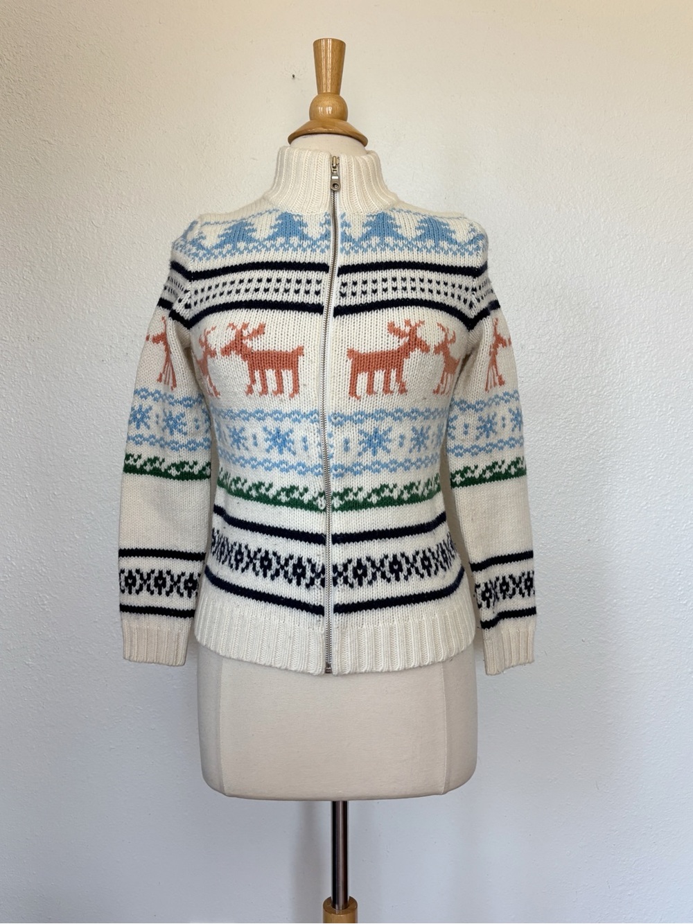 Cream Wool Blend Reindeer Fair Isle Zip-Up Turtleneck Sweater